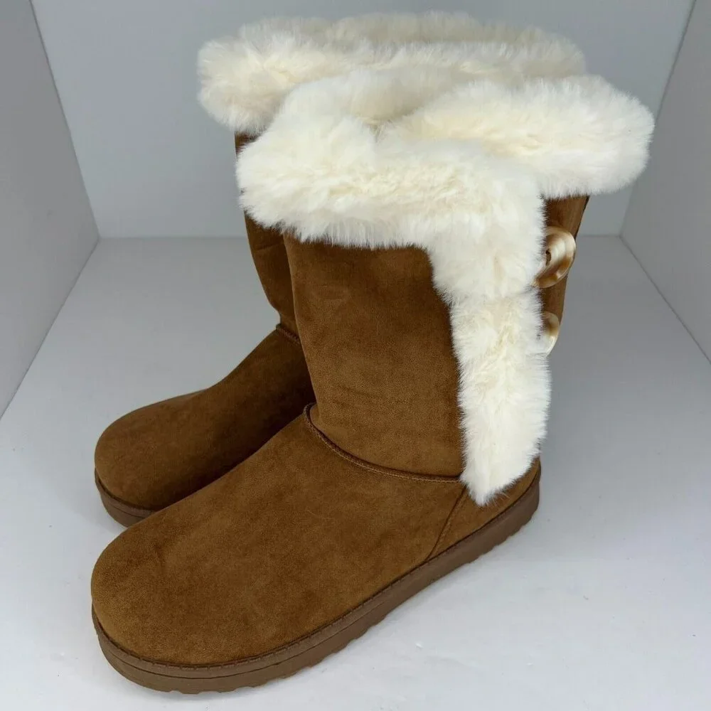 SO Womens Kohls Abigail Chestnut Brown Solid Faux Suede Fur Size 10 Winter Boots